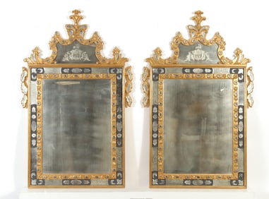 Pair Venetian Style Giltwood Etched Mirrors