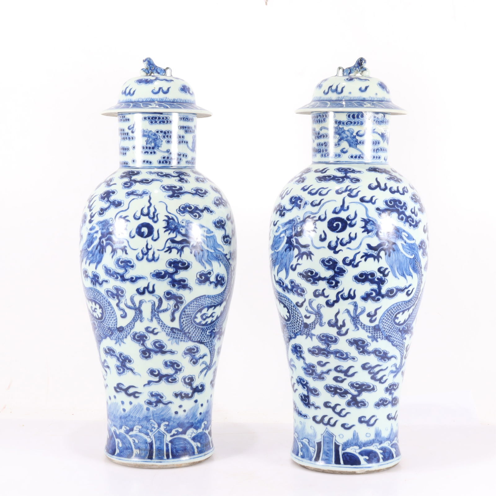Pair Chinese Blue and White Porcelain Covered Urns (1 of 12)