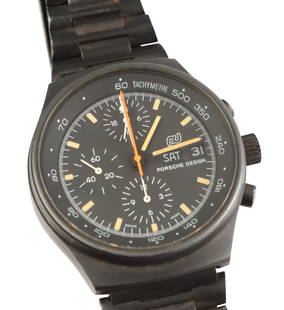 Orfina, Porsche Design Chronograph I, c 1970s: Orfina, Porsche Design Chronograph I, reference number 7176S, case number 34773. Black stainless steel 40mm. 40 mm. Property from a Connecticut collection