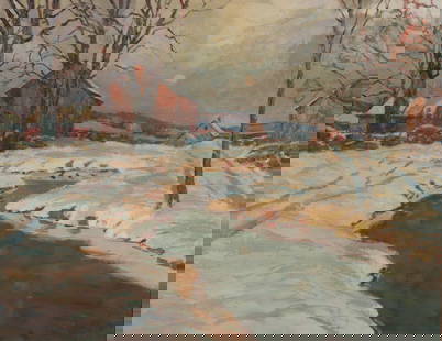 Robert Emmett Owen - Winter Scene Cornwall CT O/C: Robert Emmett Owen (American, 1878-1975) Winter dusk at Cornwall Covered Bridge, CT. Oil on canvas, signed lower right. 40" X 52" Framed 49" x 59" Property from the estates of Thomas Johnson Hubbard a