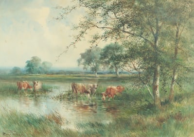 Hugo Fisher - Landscape Cows in a Stream W/C