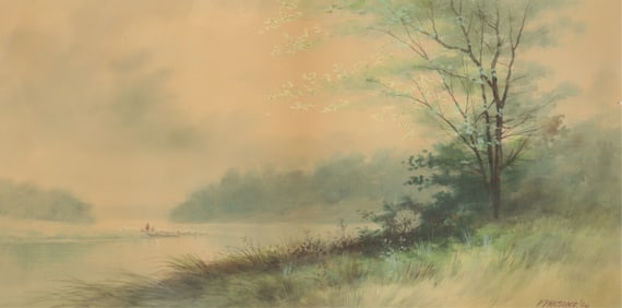 Landscape Watercolor - Fishermen on Lake