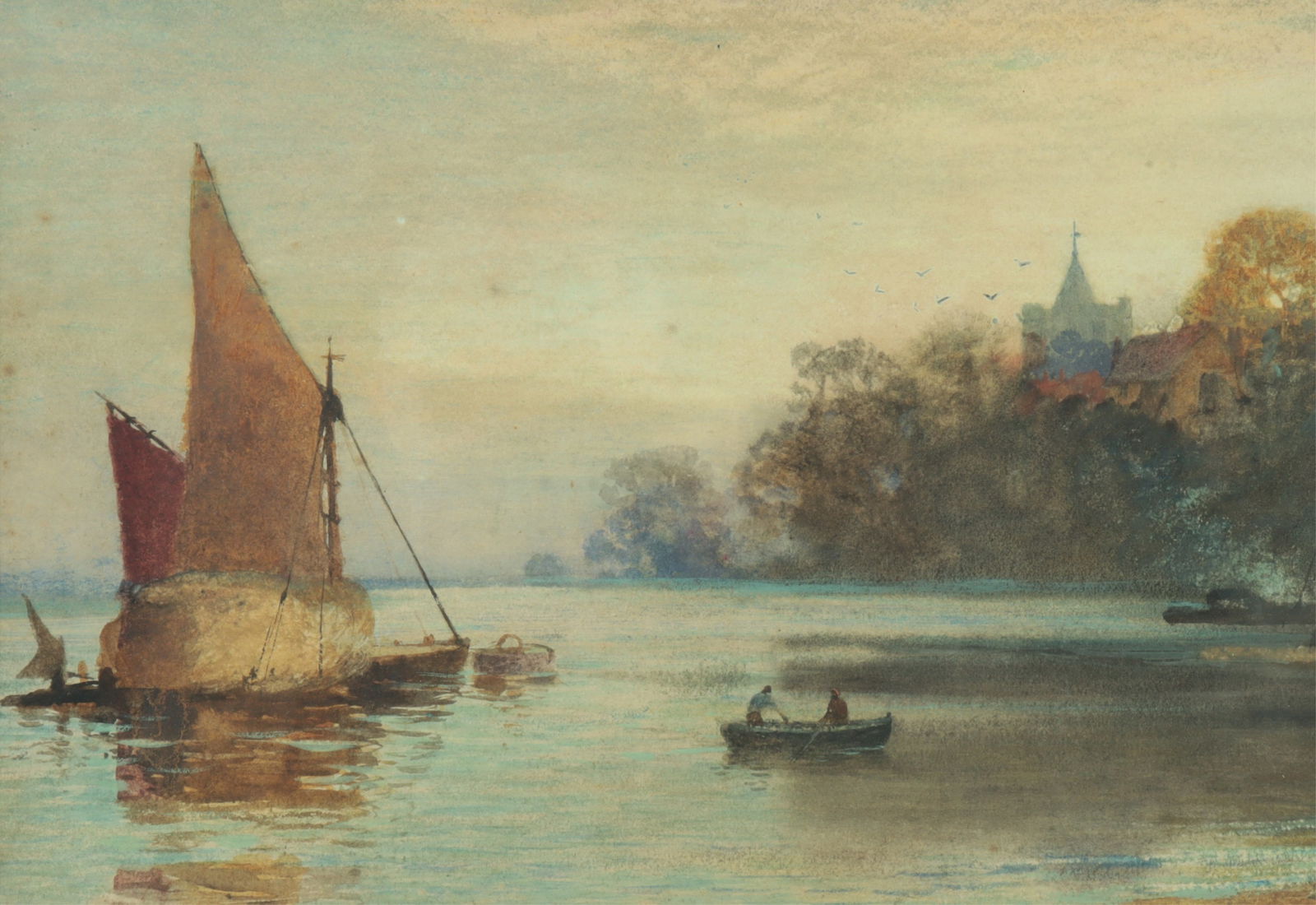 ES Holloway - Chiswick Church pastel on paper: "Chiswick Church from the River Thames" by E.S. Holloway, 1848, pastel on paper, matted and framed. Identified verso Frame 19 1/4" x 23 5/8" Property from the estates of Thomas Johnson Hubbard and Ann