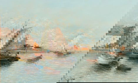 Dutch School - Harbor Scene O/C, 19th C