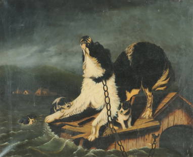 After Landseer - Newfoundland in Flood - O/C: After Sir Edwin Henry Landseer, English,1802-1873, Newfoundland Dog in Flooded Waters,oil on canvas 28 x 33 1/2, framed 35 x 41 Collection of Richard Castellane - Castellane Gallery Manhattan