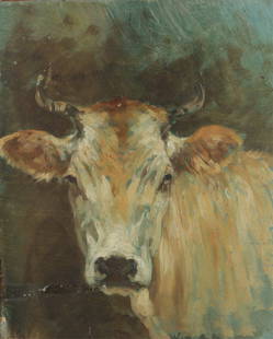 William Henry Howe - Cow Portrait: William Henry Howe (American, 1844-1929), Cow portrait, oil on board, signed indistinctly lower right, the back bearing a photo of the artist in October, 1929 and the name "William Henry Howe" inscrib