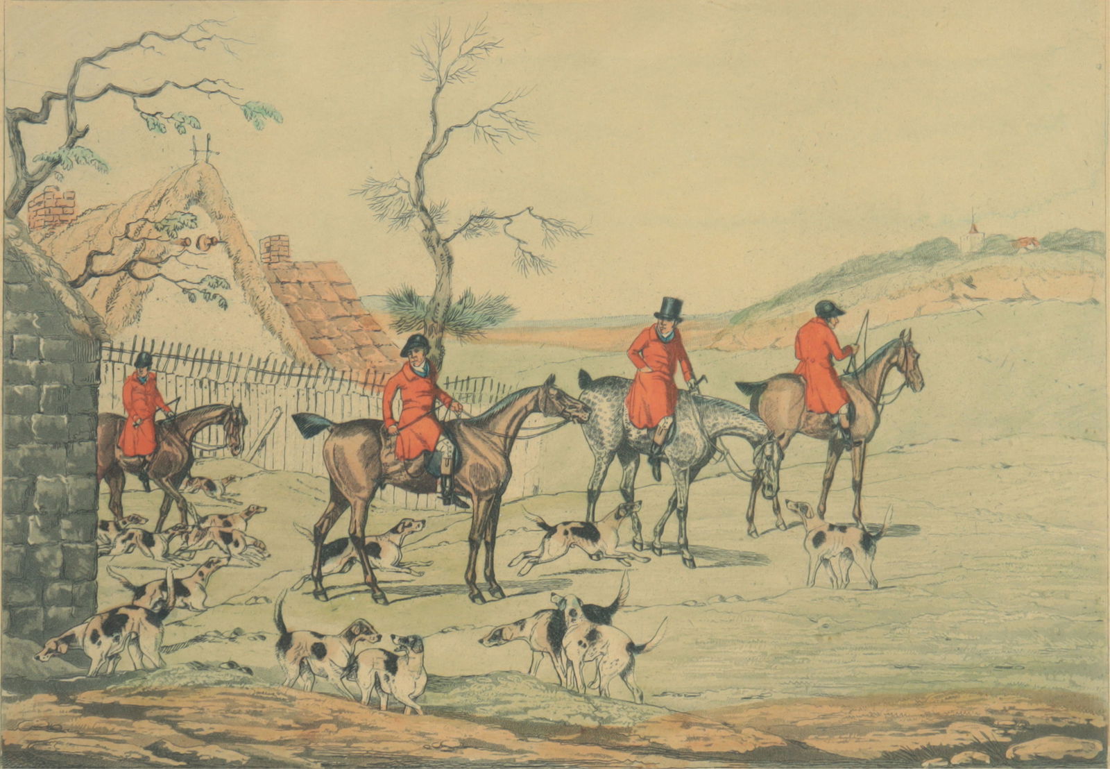 Henry Alken - Unkenneling Engraving: "Unkenneling" by Henry Alken, published in 1841 by I.W. Laird, 1 Leadenhall Street, London. Rowley Gallery label verso. Plate: 7 1/4" x 10 1/2"; Frame 10 1/4" x 13 1/2" Property from the estates of Th