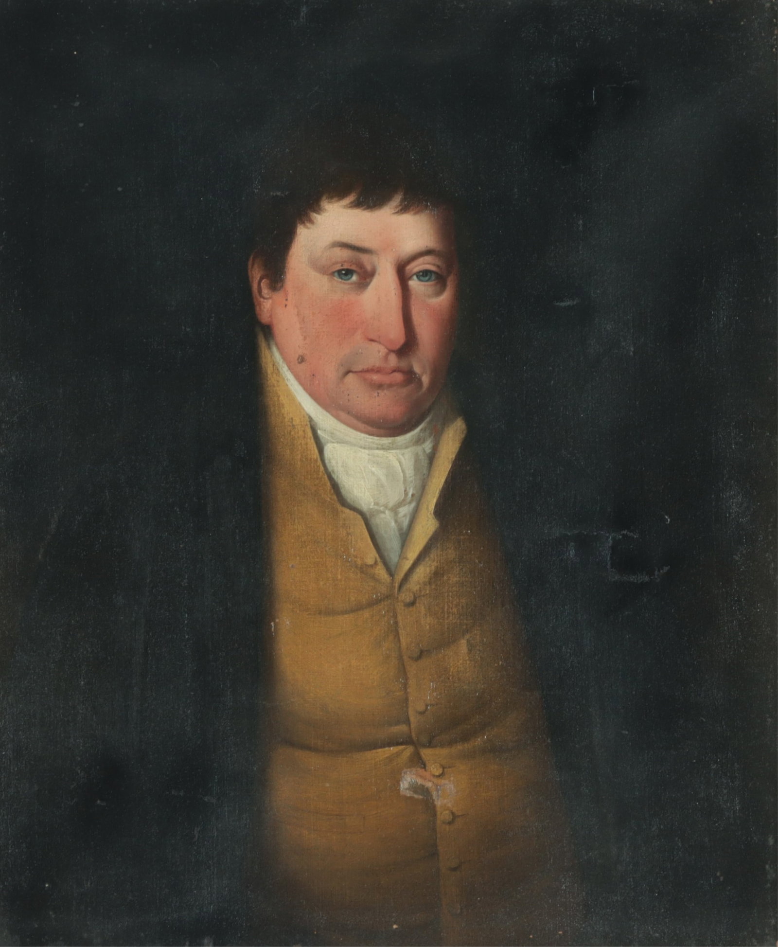 English School - Portrait of a Gentleman O/C: English School Portrait of a gentleman in a yellow waistcoat, oil on canvas, apparently unsigned. 30" x 25" Framed 29.5" x 34.5" Property from the estates of Thomas Johnson Hubbard and Anne Attfield H