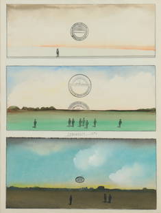 Saul Steinberg - Sunsets - mixed media: Saul Steinberg, American, 1914-1999, Sunsets, watercolor, ink stamps, wax crayon, on paper, signed Steinberg 1972. 19 ¾ x 14 ¾, framed 22 1/2 x 17 1/2 From the collection of New York lit