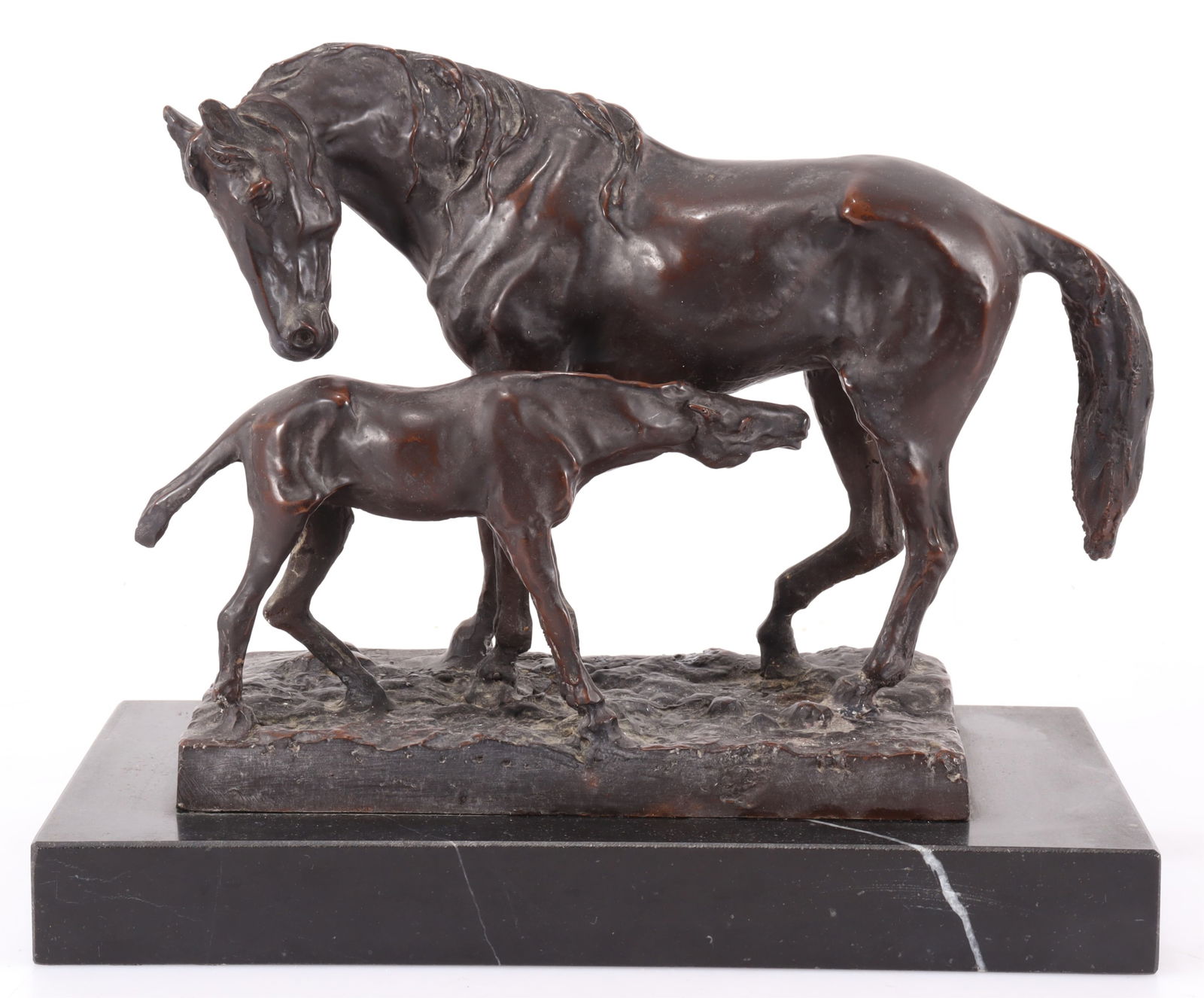After Christophe Fratin - Jument et son Poulain: After Christophe Fratin, French,1801-1864, Jument et son Poulain, bronze on marble plinth, signed along base "C FRATNN" Bronze 8 1/2 x 12 x 4 3/4, base 1 1/4 H x 6 1/2 D x 12 W From a Cornwall Bridge
