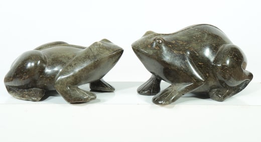 Two Large Carved Granite Frogs