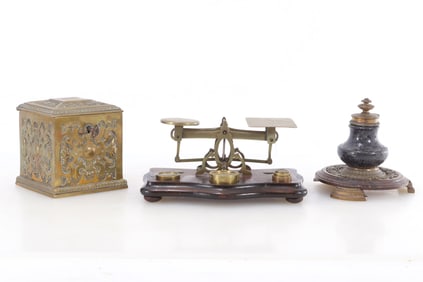 Vintage Postal Scale, Brass Bank, Vict. Inkwell