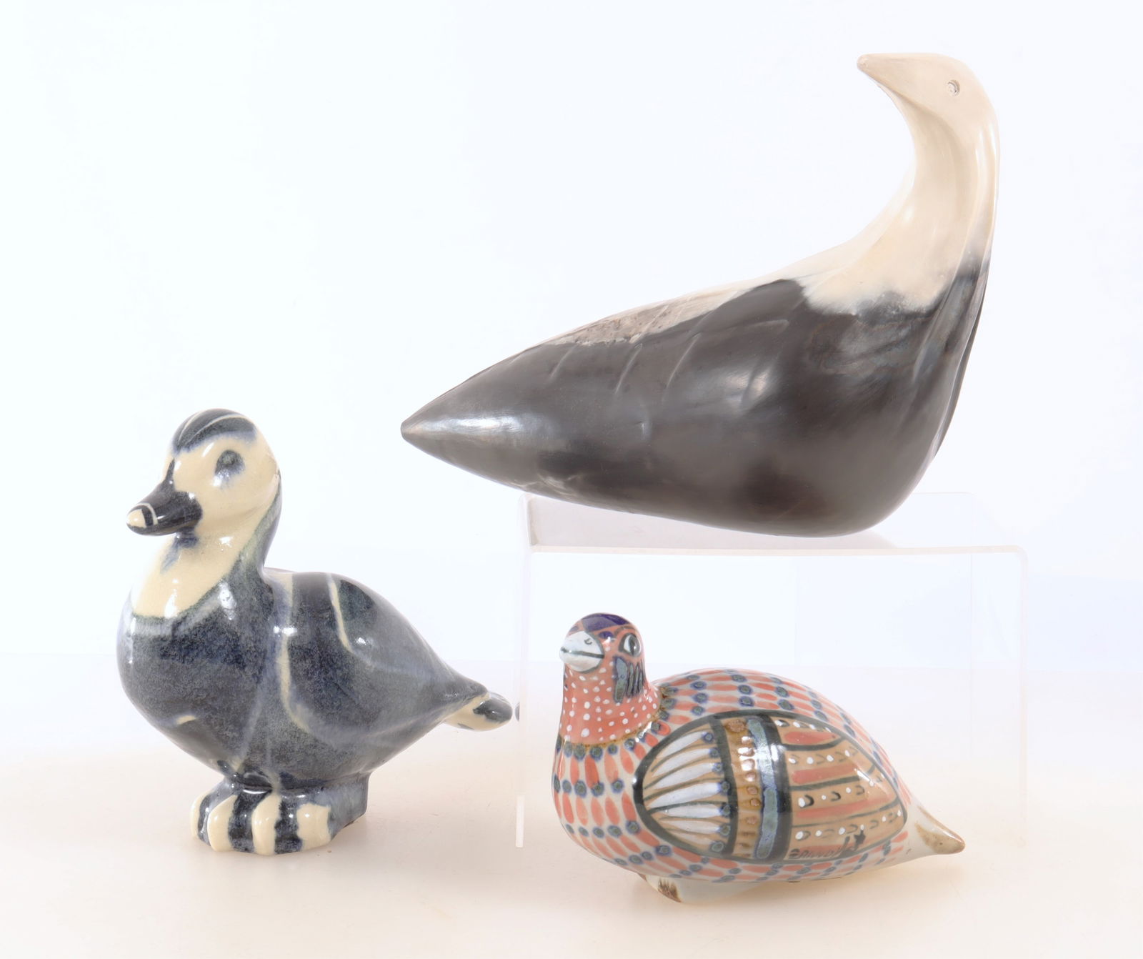 Group of Pottery Birds: A group of 20th century pottery ducks and birds. Comprising: Erandi Tonala Mexico hand painted pottery bird, Carl Walters (American, 1883 - 1955) glazed ceramic duck, together with a duck signed 'Le P