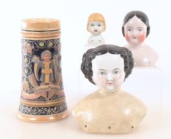 Vintage Porcelain Doll Heads & German Stein
