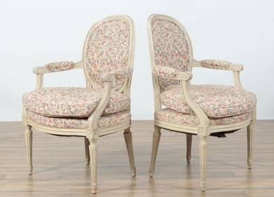 Pair Louis XVI Style Cream Painted Fauteuils