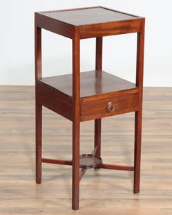 George III Mahogany Bedside Table, 19th C.: George III Mahogany Bedside Table, Early 19th C., two-tier with urn stand and one drawer. 32.25" H x 13.75" W x 14" D Property from the estates of Thomas Johnson Hubbard and Anne Attfield Hubbard of B