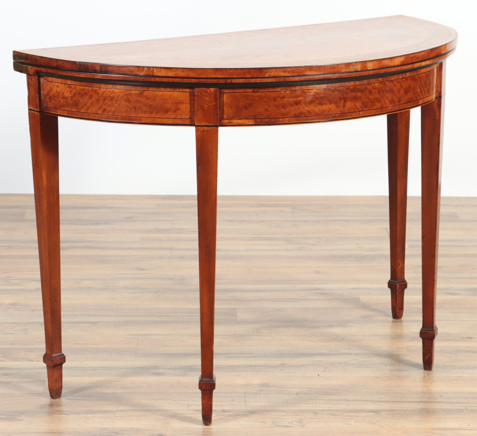 George III Style Inlaid Satinwood Games Table: George III Style Inlaid Satinwood Games Table, baize lined interior 28" H x 39.25" W x 19.25" D Property from the estates of Thomas Johnson Hubbard and Anne Attfield Hubbard of Bronxville NY and Cornw