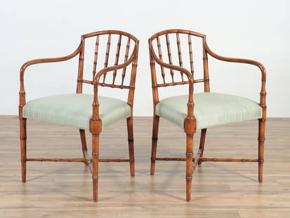 Pair Regency Style Cherry Open Armchairs: Pair Regency Style Cherry Open Armchairs, faux bamboo turned, upholstered in celadon geometric brocade 34.5" H x 22.5" W x 21.5" D Property from the estates of Thomas Johnson Hubbard and Anne Attfield