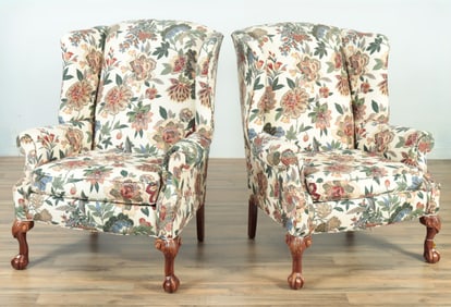 Pair George III Style Mahogany Wing Armchairs