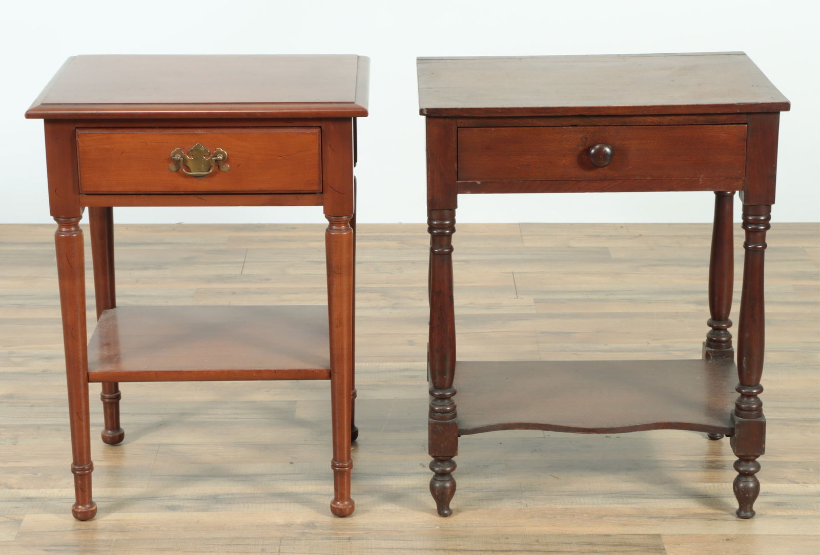 Two Classical Style Bedside Tables: Two Classical Style Mahogany & Cherry Bedside Tables 26.75" H x 21.5" W x 15.75" D Property from the estates of Thomas Johnson Hubbard and Anne Attfield Hubbard of Bronxville NY and Cornwall CT. Tom s