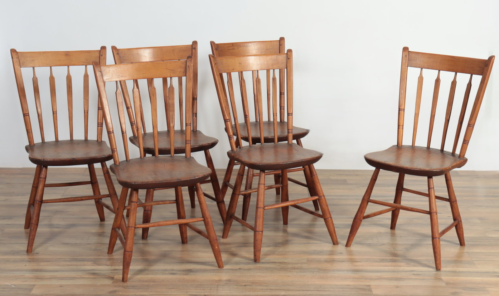 6 Farm House Cherry & Pine Dining Chairs, 19th C.: 6 Farm House Cherry & Pine Dining Chairs, 19th C. 33.25" H x 17" W x 17" D, Seat height 16.25" H Property from the estates of Thomas Johnson Hubbard and Anne Attfield Hubbard of Bronxville NY and Corn