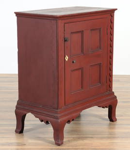 Victorian Red Painted Cabinet, 19th C.: Victorian Red Painted Cabinet, 19th C., scalloped panels 31.5" H x 24.5" W x 14.25" D Property from the estates of Thomas Johnson Hubbard and Anne Attfield Hubbard of Bronxville NY and Cornwall CT. To