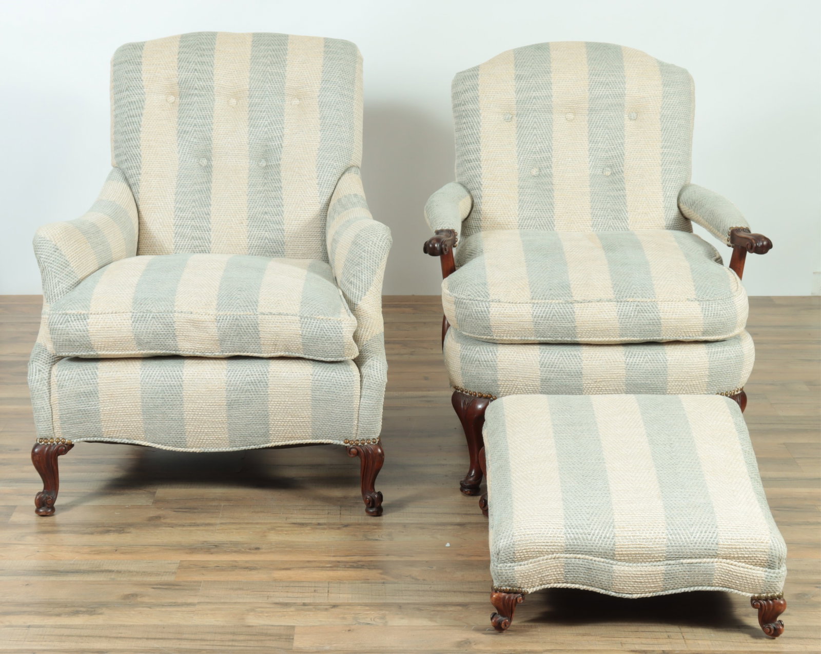 2 Rococo Style Mahogany Club Chairs & Stool (1 of 8)