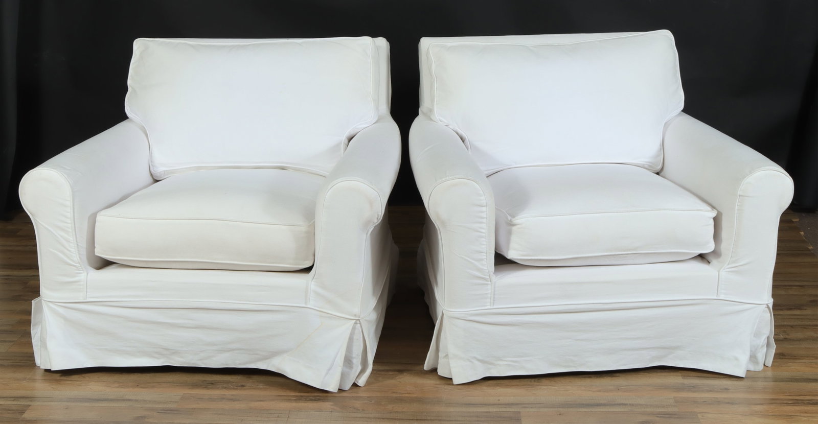 Pair Ralph Lauren Upholstered Club Chairs: Pair Ralph Lauren Upholstered Club Chairs, slip-covered in white cotton 33" H x 40" W x 41" D