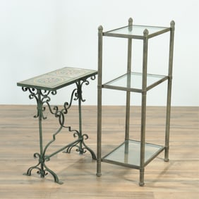Tile Top Iron Side Table and Metal Etagere