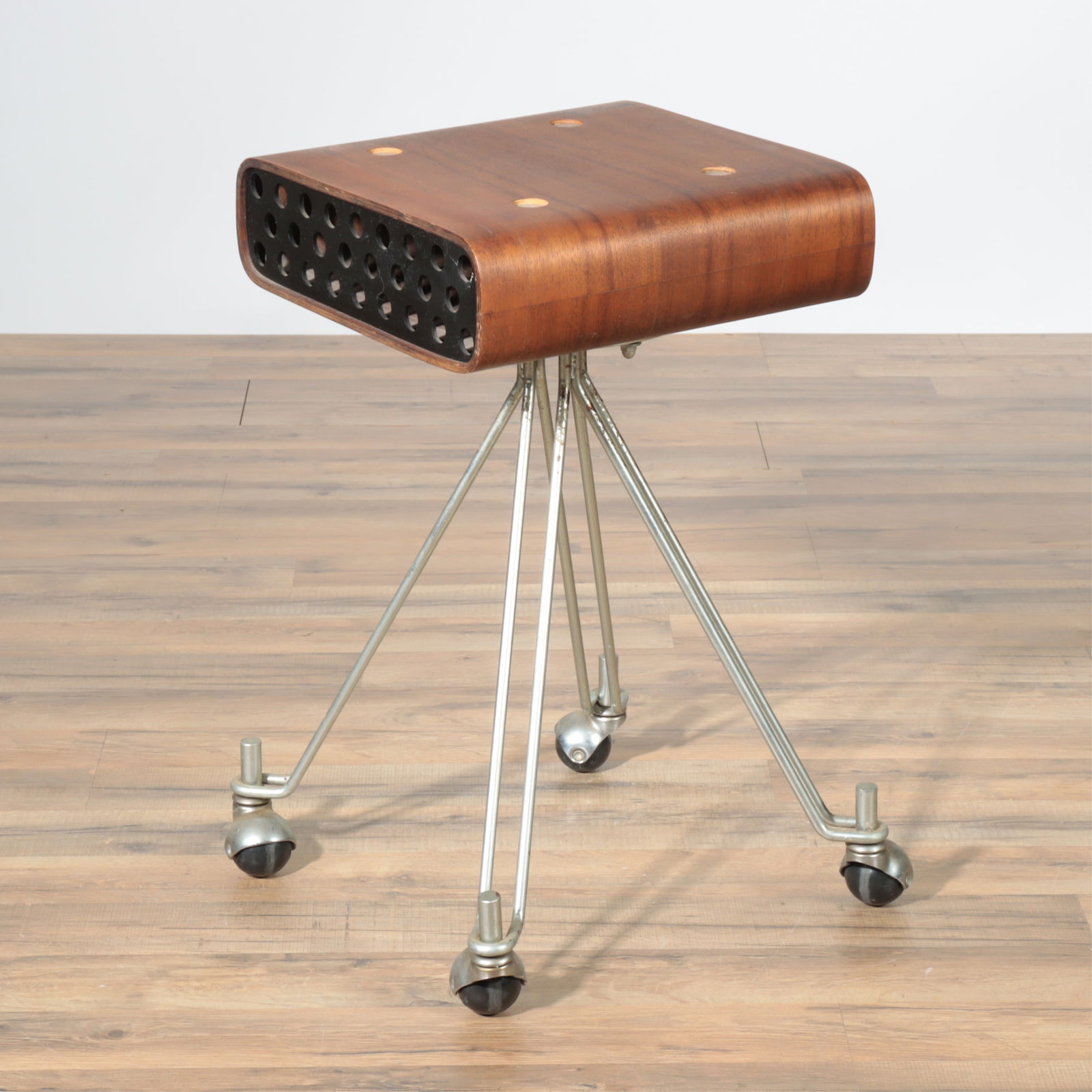 Eliot Noyes, IBM Dictating Machine Stand, c. 1960: Eliot Noyes, IBM Dictating Machine Stand, circa 1960, walnut plywood, chromed steel 24" H x 18" W x 18" D Property from the estates of Thomas Johnson Hubbard and Anne Attfield Hubbard of Bronxville NY