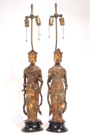 Pair South East Asian Gilt Bronze Buddha Lamps