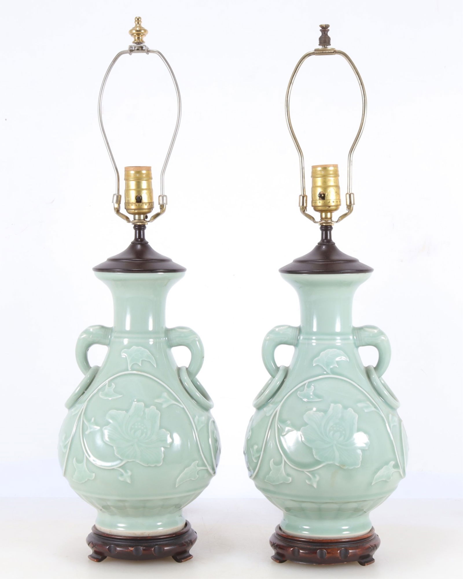 Pair of Chinese Celadon Porcelain Lamps: Pair of Chinese Celadon Porcelain Lamps 25.5" H to the finial. Property from the estates of Thomas Johnson Hubbard and Anne Attfield Hubbard of Bronxville NY and Cornwall CT. Tom served as chairman of