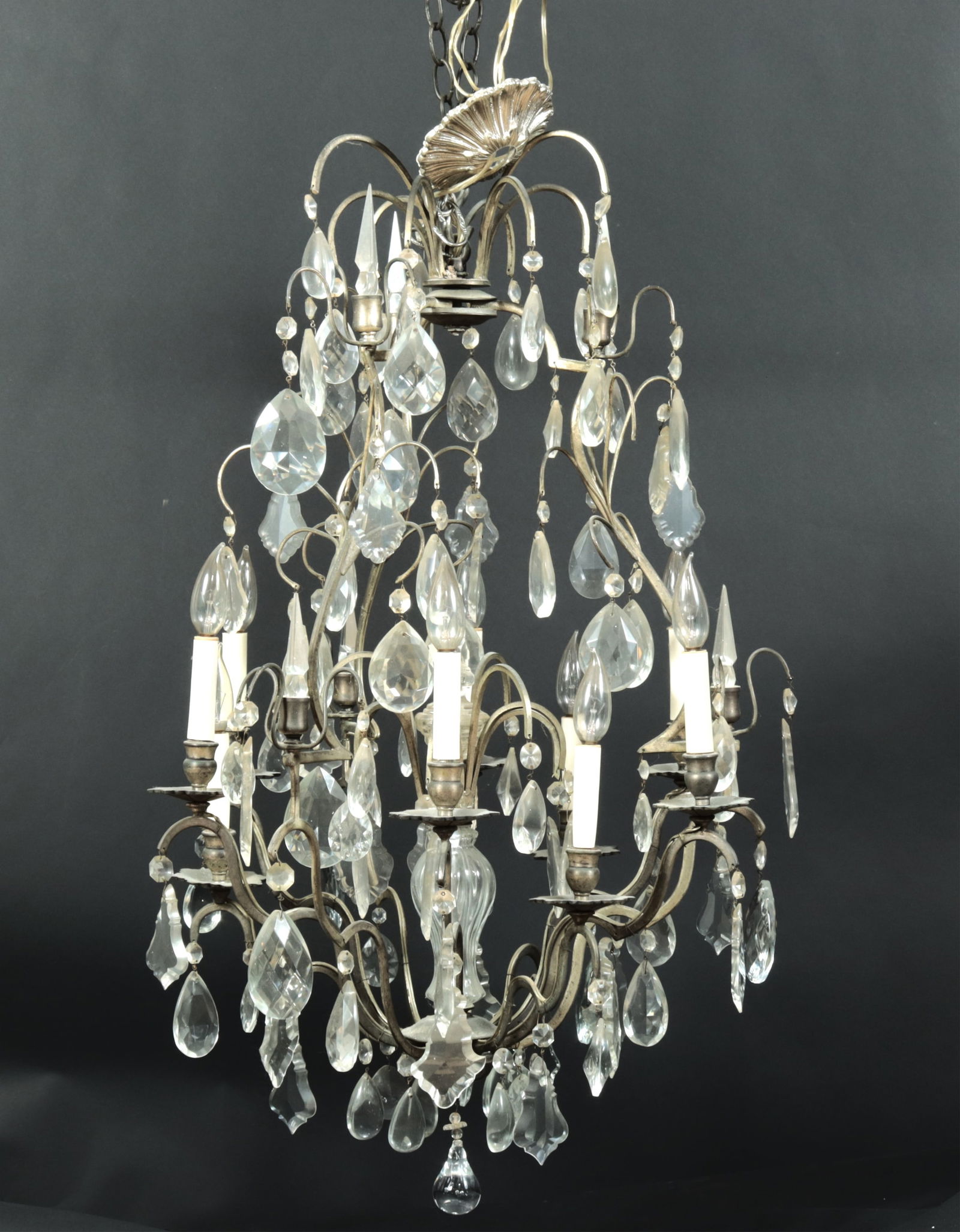Louis XV Style Cut Glass & Metal Chandelier: Louis XV Style Cut Glass & Metal 9-Light Chandelier 37" H x 22" Dia.