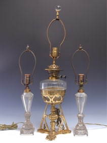 Pair of Glass Lamps & Oil Lamp