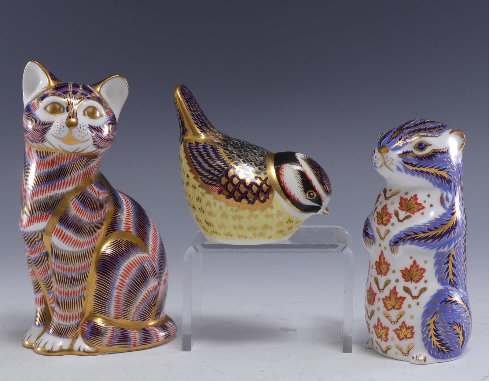 Three Royal Crown Derby Animal Paperweights: Three Royal Crown Derby Animal Paperweights. A cat, a squirrel, and a bird. Largest 5.25" H Property from the estates of Thomas Johnson Hubbard and Anne Attfield Hubbard of Bronxville NY and Cornwall