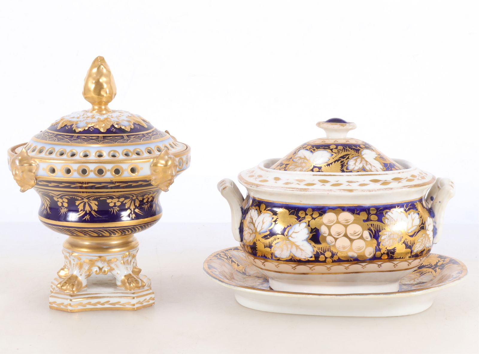 Royal Crown Derby Pastille Burner & Tureen: Royal Crown Derby Pastille Burner & Tureen, early 19th C. Burner 6.75" H Property from the estates of Thomas Johnson Hubbard and Anne Attfield Hubbard of Bronxville NY and Cornwall CT. Tom served as c