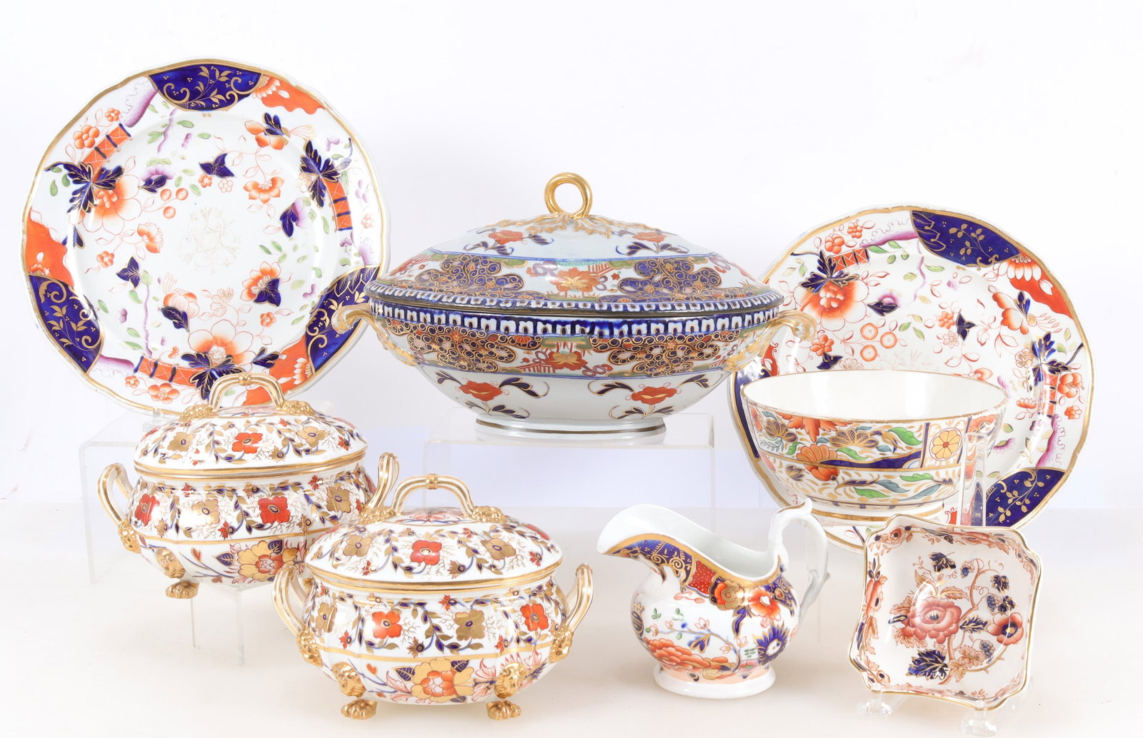 Group of English Imari Stoneware: Group of English Imari Stoneware. Comprising tureen, two plates, two covered gravy boats, creamer, two bowls. Tureen marked Turners. Tureen 12.5" diam Property from the estates of Thomas Johnson Hubba