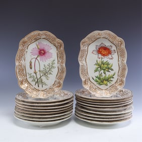 English Gilt Porcelain Botanical Plates & Trays