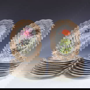 English Gilt Porcelain Botanical Plates & Trays: English Gilt Porcelain Botanical Plates & Trays Largest 8.75" W Property from the estates of Thomas Johnson Hubbard and Anne Attfield Hubbard of Bronxville NY and Cornwall CT. Tom served as chairman o