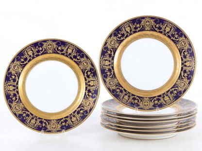 Eight Limoges Gilt Cobalt Porcelain Dinner Plates: Eight Limoges Gilt Cobalt Porcelain Dinner Plates 10.5" diameter Property from the estates of Thomas Johnson Hubbard and Anne Attfield Hubbard of Bronxville NY and Cornwall CT. Tom served as chairman