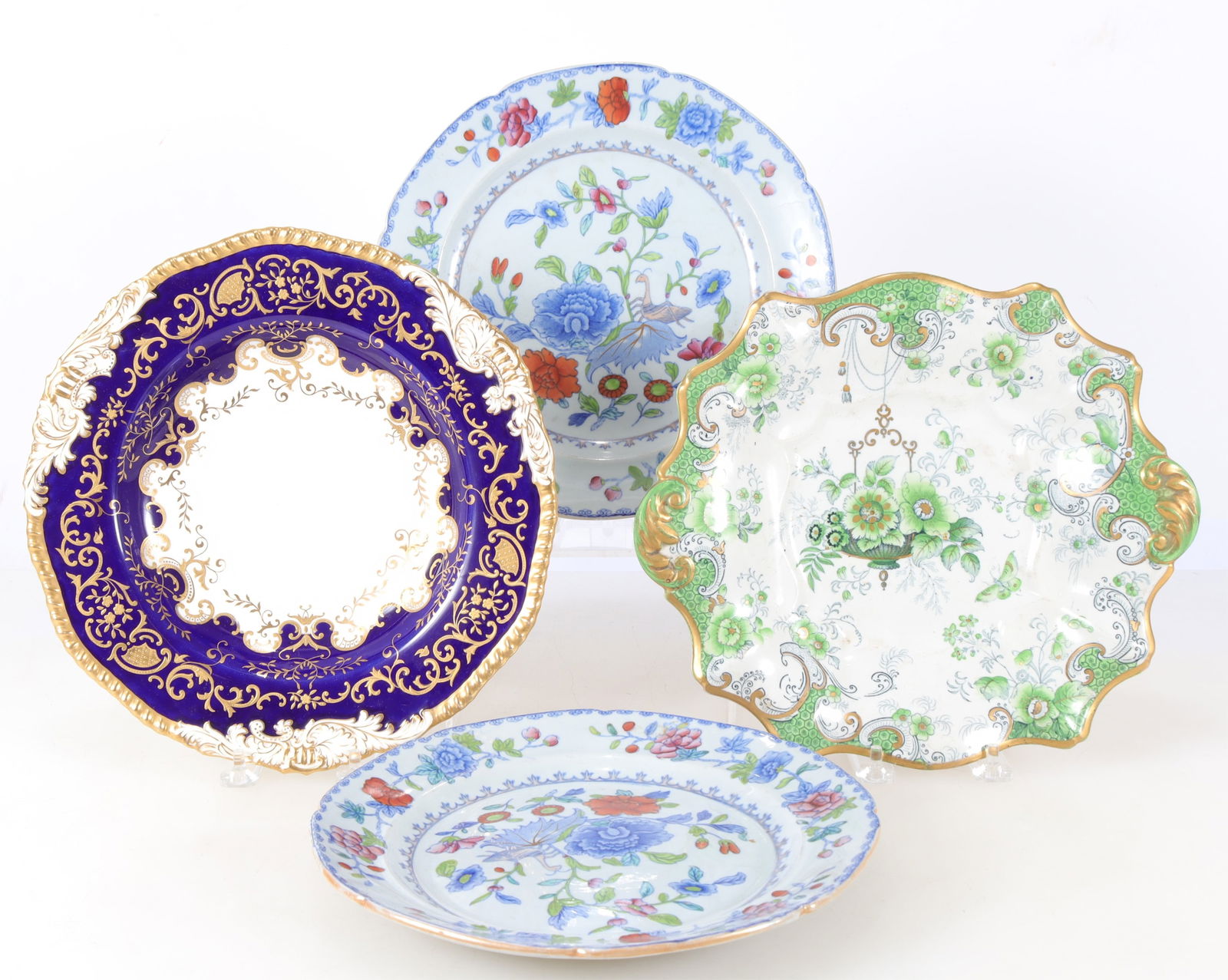Group of Masons Ironstone & Coalport Dishes: Group of Masons Ironstone Grasshopper pattern & Coalport Dishes, early 19th C. Largest 10.75" wide Property from the estates of Thomas Johnson Hubbard and Anne Attfield Hubbard of Bronxville NY and Co