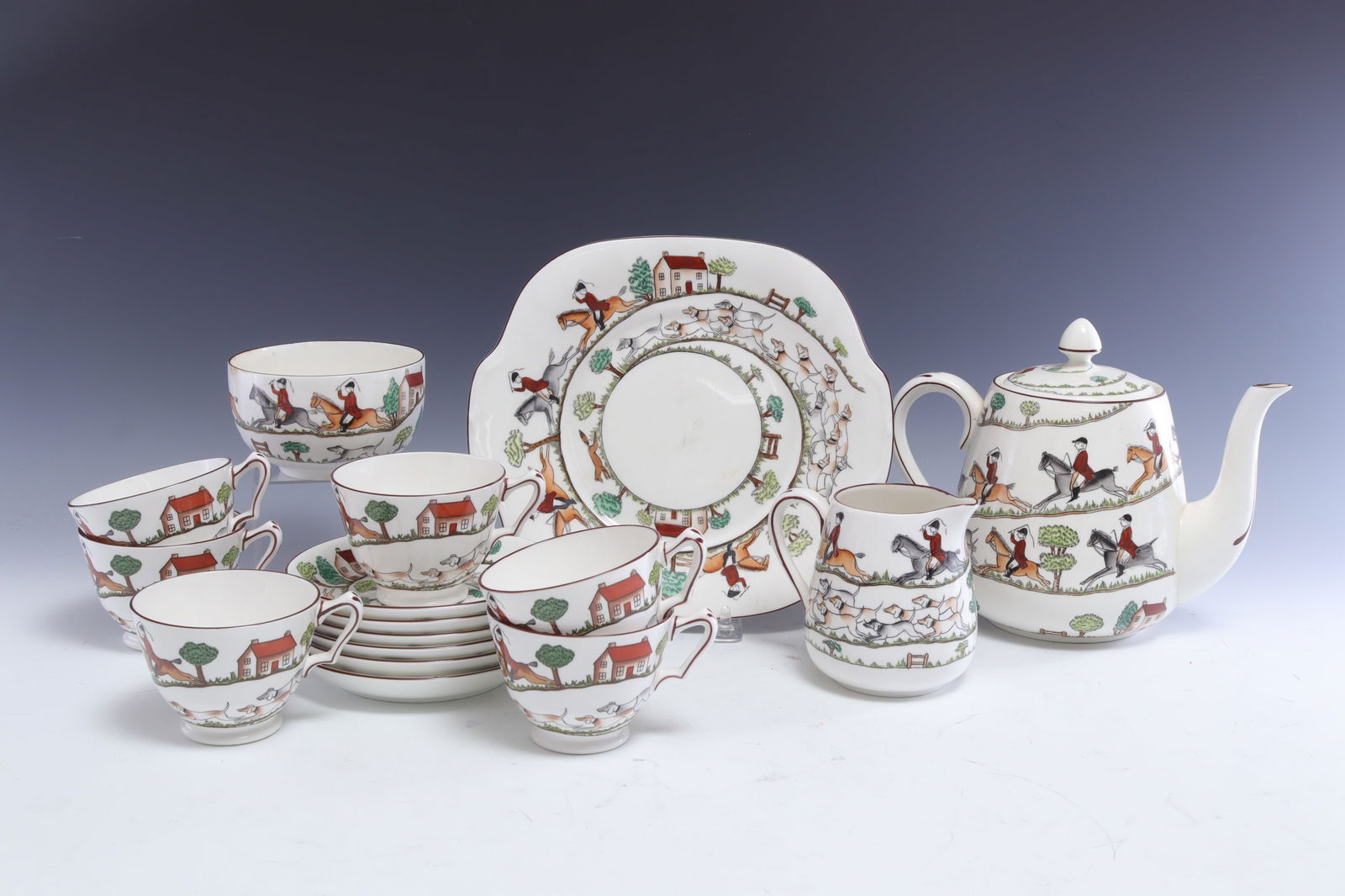 Crown Staffordshire Tea Service: Crown Staffordshire Tea Service, white ground with hunting scenes. Teapot 7" H Property from the estates of Thomas Johnson Hubbard and Anne Attfield Hubbard of Bronxville NY and Cornwall CT. Tom serve
