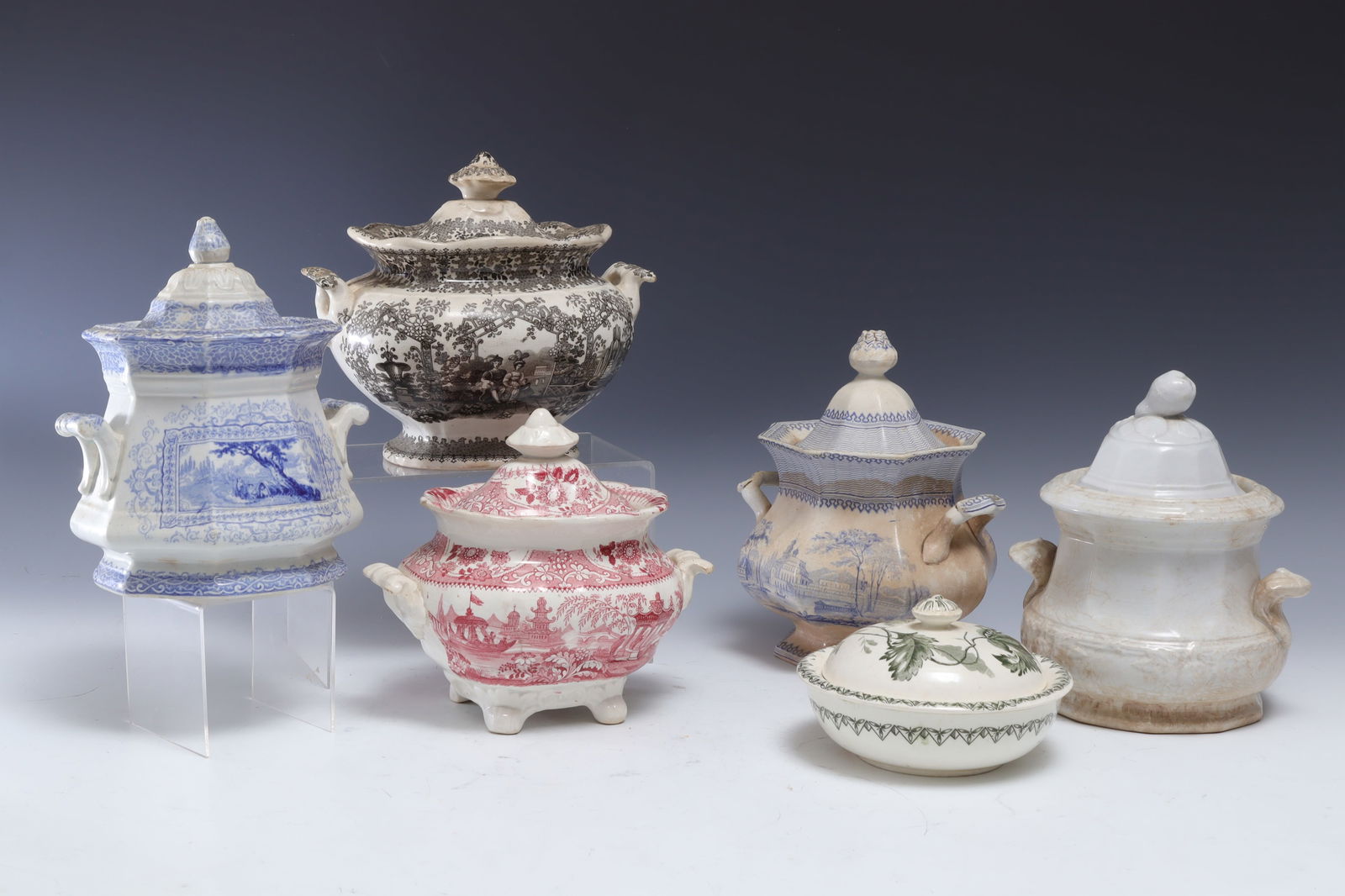 Group of Six English Sugar Bowls: Group of Six English Sugar Bowls; transfer print and salt glazed. Tallest 7.25" H Property from the estates of Thomas Johnson Hubbard and Anne Attfield Hubbard of Bronxville NY and Cornwall CT. Tom se