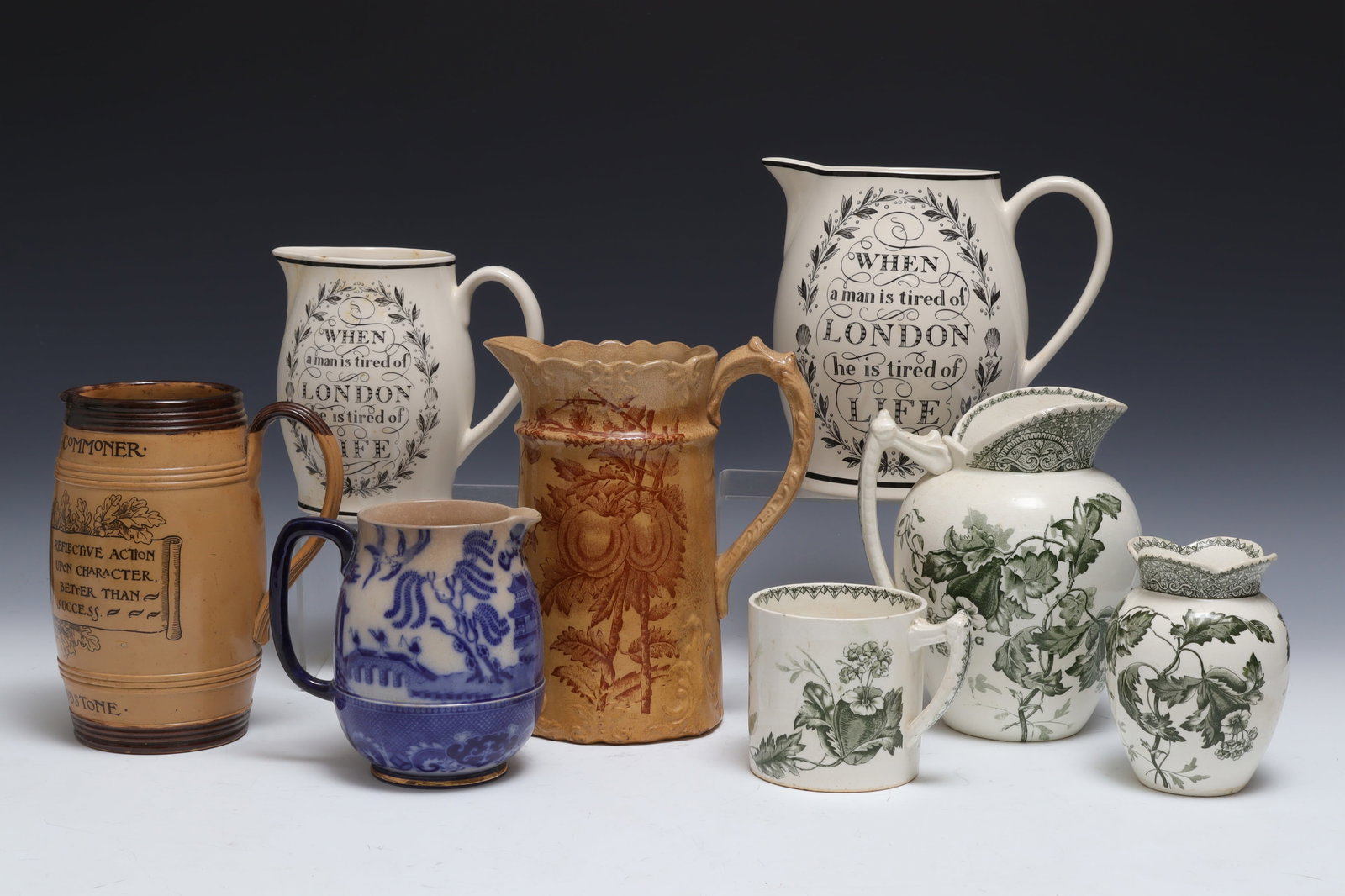 Group of English Pottery Jugs & Pitchers: A group of eight English pottery transfer print jugs and pitchers. 8.5" H Property from the estates of Thomas Johnson Hubbard and Anne Attfield Hubbard of Bronxville NY and Cornwall CT. Tom served as