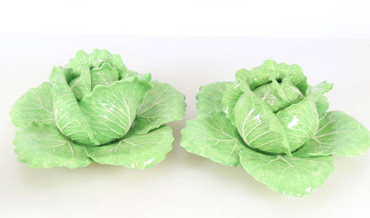 Pair of Dodie Thayer Lettuce Ware Bowls: Pair of Dodie Thayer Lettuce Ware Covered Bowls & Underplates. Inscribed Dodie Thayer, 85, Jupiter, FL. 5" H x 11" diameter Property from the estates of Thomas Johnson Hubbard and Anne Attfield Hubbar