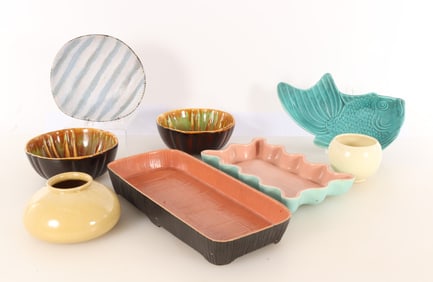 Group of Mid-Century Pottery Trays & Vases