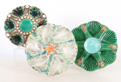 Three English Majolica Oyster Plates, 19th C