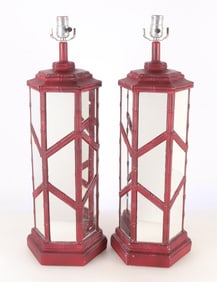 Pair Red Bamboo Style Hexagonal Mirrored Lamps