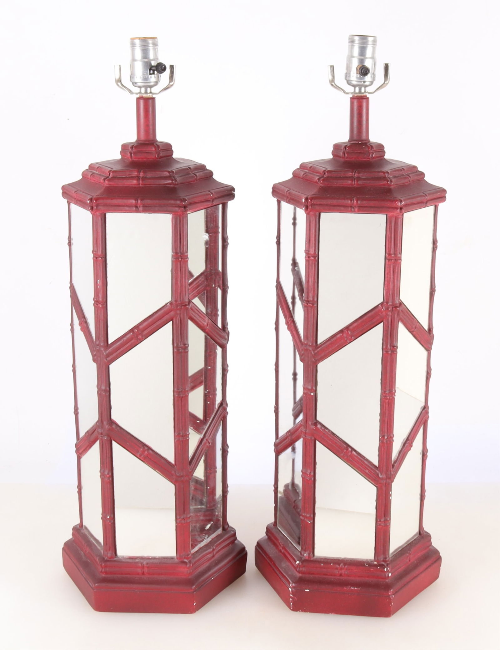 Pair Red Bamboo Style Hexagonal Mirrored Lamps (1 of 6)