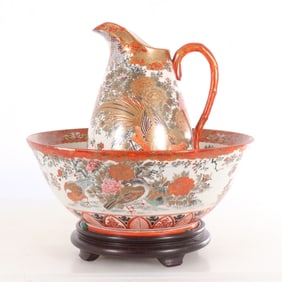 Japanese Kutani Porcelain Bowl & Pitcher